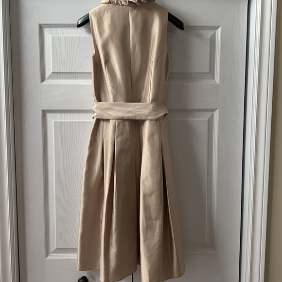 COPY - Laura Petite beige faux silk deep V ruffle collar box pleat sleeveless d… - Picture 2 of 8